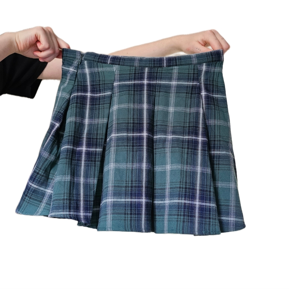 O/S Pleated Green and Blue Plaid Skirt